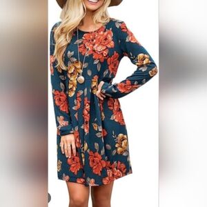 Women’s Casual PRETTY Floral Long Sleeve Tunic Pleated Swing Midi Dress
